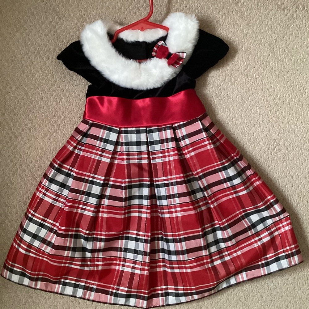 ❤️ Jona Michelle Holiday Dress with White Fur Trim Sz 3T plaid satin sash